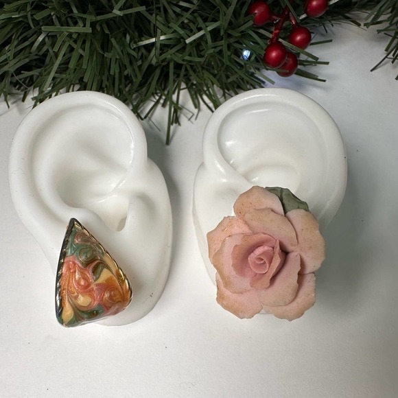 Mismatched Vintage Earrings: Clay Rose + Pink/Green Swirl Teardrop Earrings - Picture 3 of 14